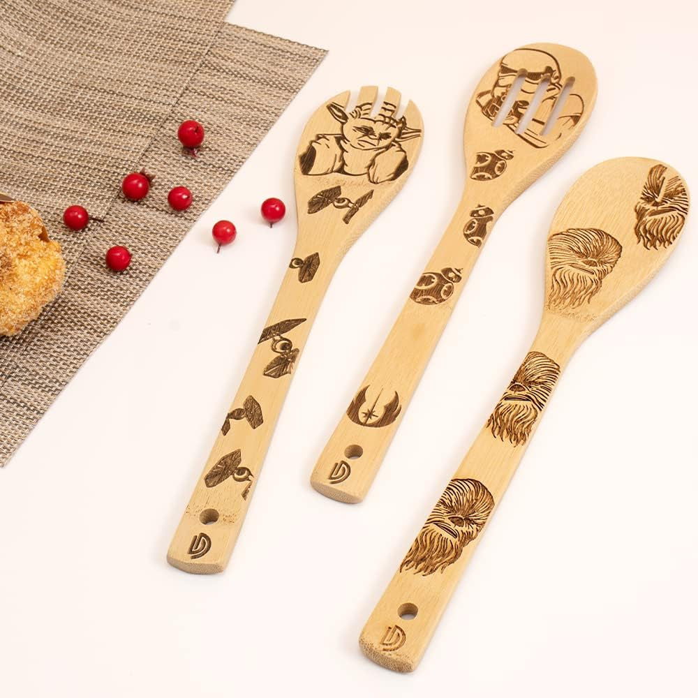 5 PCS Star War Burned Wooden Spoons Cooking Organic Spoons Turners Carved Spatulas Non-Stick for Cookware Kitchen Gadgets - Premium Quality Gifts for Housewarming and Wedding