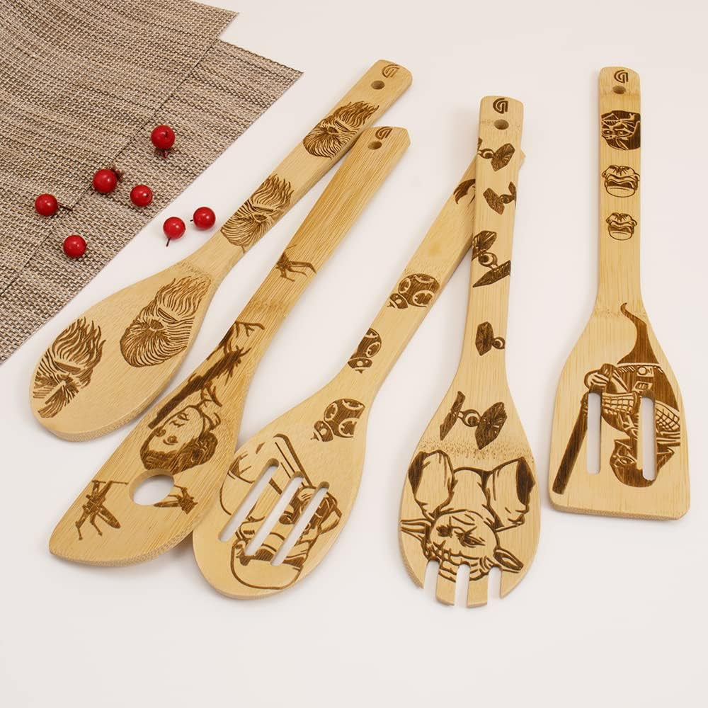 5 PCS Star War Burned Wooden Spoons Cooking Organic Spoons Turners Carved Spatulas Non-Stick for Cookware Kitchen Gadgets - Premium Quality Gifts for Housewarming and Wedding