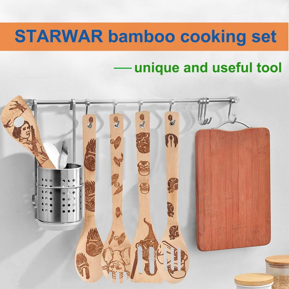 5 PCS Star War Burned Wooden Spoons Cooking Organic Spoons Turners Carved Spatulas Non-Stick for Cookware Kitchen Gadgets - Premium Quality Gifts for Housewarming and Wedding