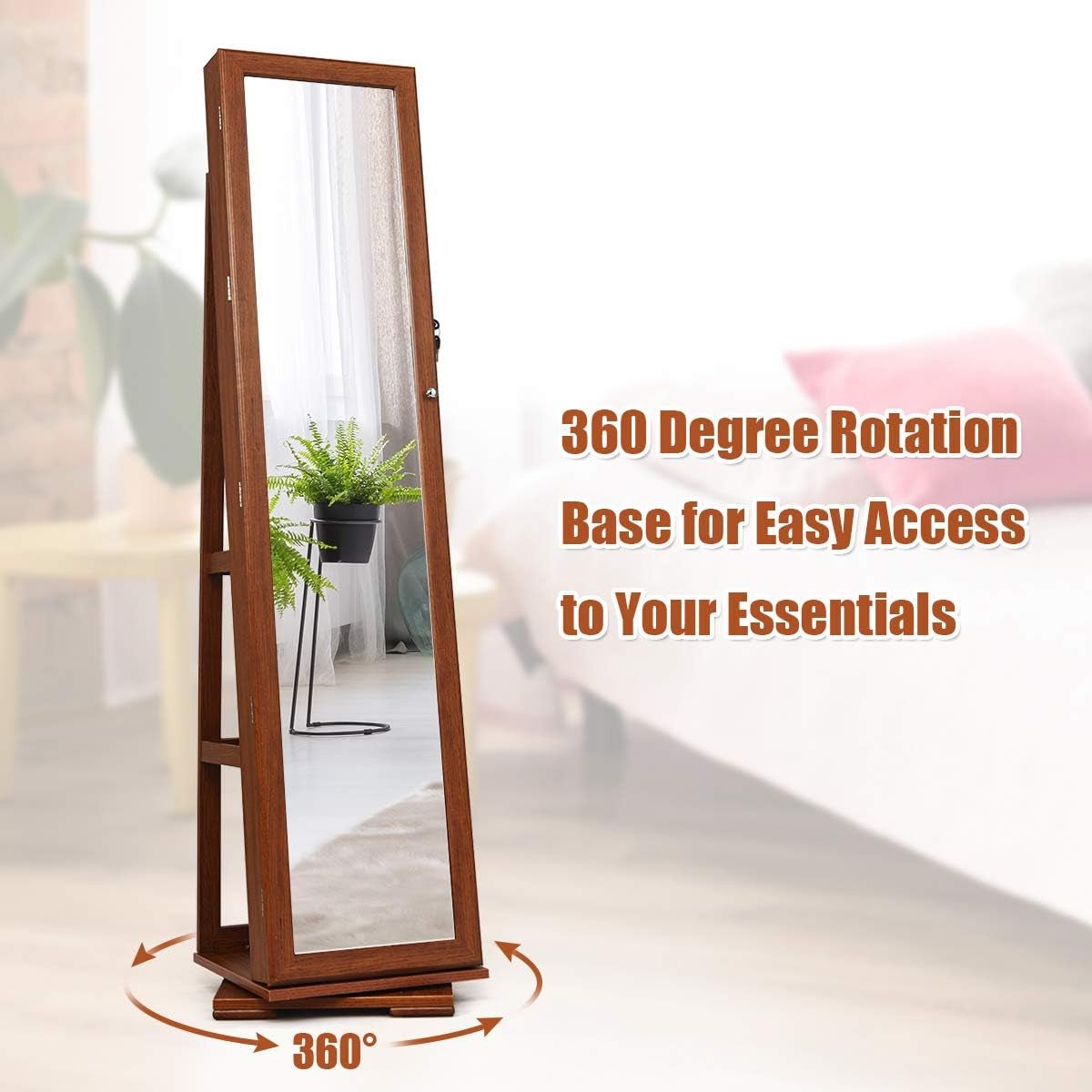 360° Rotating Jewelry Armoire with Higher Full Length Mirror, Standing Lockable Jewelry Cabinet Organizer with Large Storage Capacity, inside Makeup Mirror, Rear Storage Shelves (Walnut)