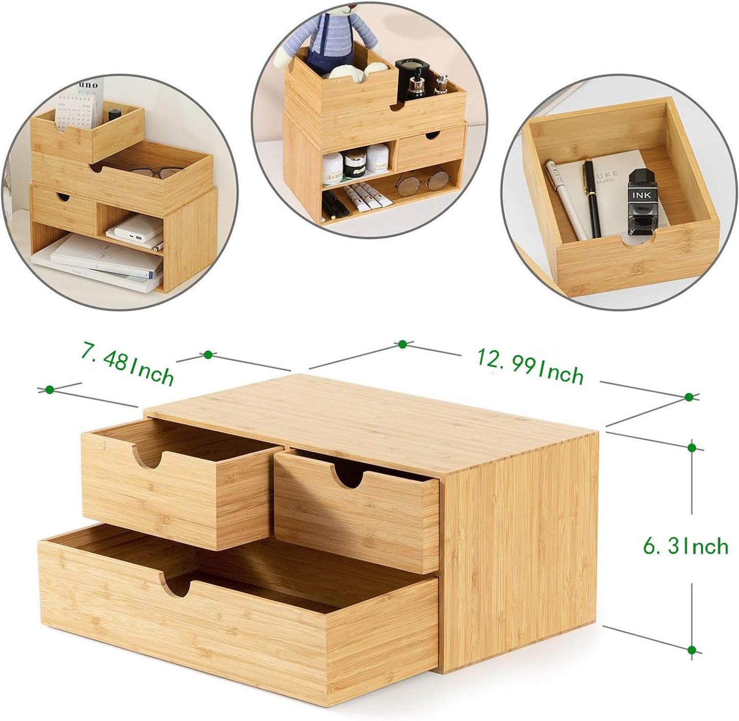 100% Original Bamboo Desk Organizer - Mini Bamboo Desk Drawer Tabletop Storage Organization Box for Office Home Toiletries Supplies, No Assembly Required (3 Drawer)