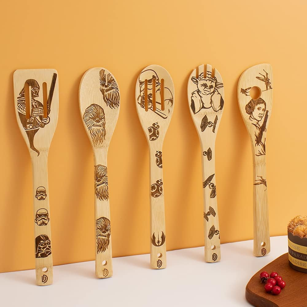 5 PCS Star War Burned Wooden Spoons Cooking Organic Spoons Turners Carved Spatulas Non-Stick for Cookware Kitchen Gadgets - Premium Quality Gifts for Housewarming and Wedding