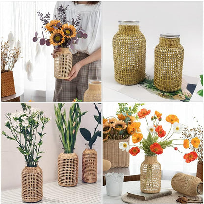 Boho Glass Flower Vase with Rattan Cover, Farmhouse Flower Bud Vase, round Decorative Flower Vase Floral Container Flower Bottle for Floral Arrangements Housewarming Party Home Decor（S）