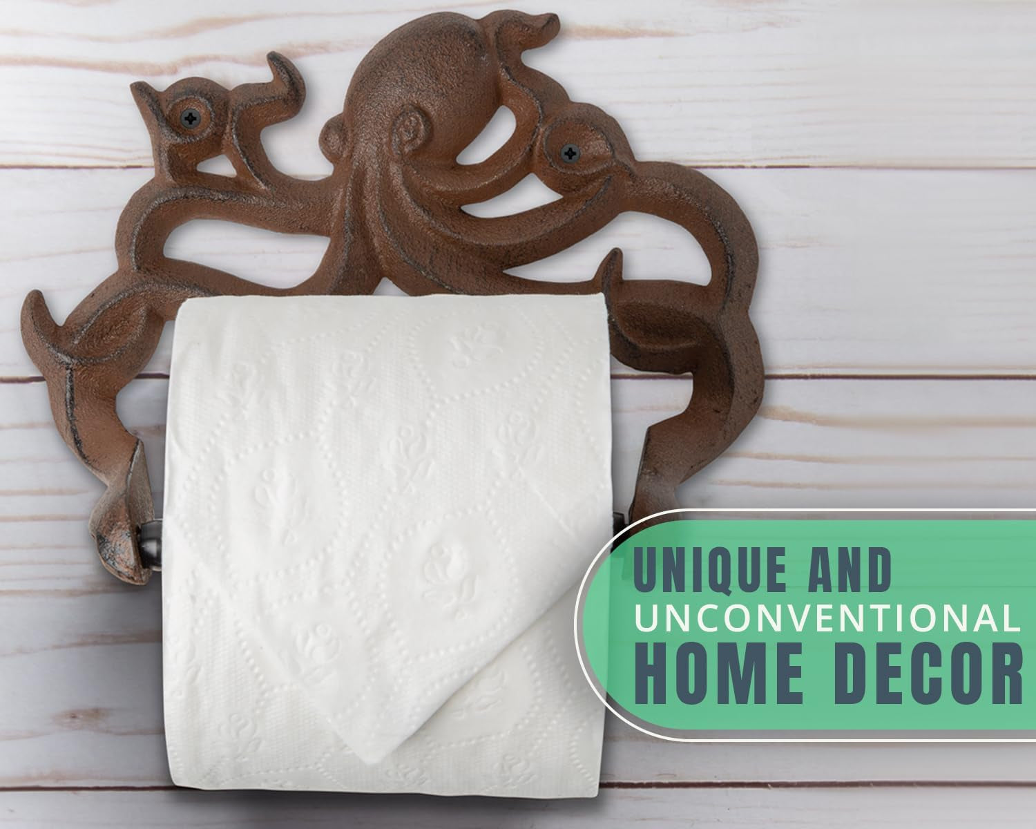 Decorative Cast Iron Octopus Toilet Paper Roll Holder – Wall Mounted Octopus Décor for Bathroom – Kraken, Nautical Bathroom Accessories – Easy to Install with Included Screws and Anchors - Rust Brown