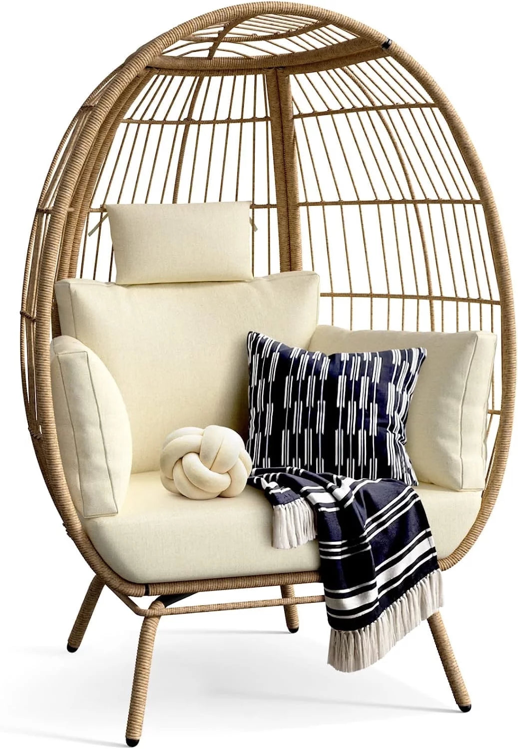 Wicker Egg Chair Outdoor Indoor Oversized Lounger with Stand and Cushions - Gray