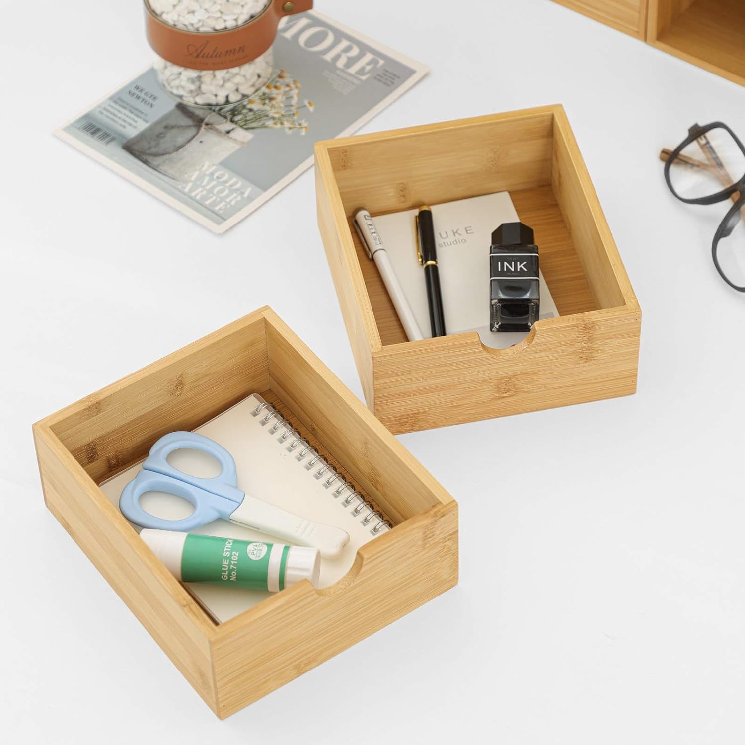 100% Original Bamboo Desk Organizer - Mini Bamboo Desk Drawer Tabletop Storage Organization Box for Office Home Toiletries Supplies, No Assembly Required (3 Drawer)