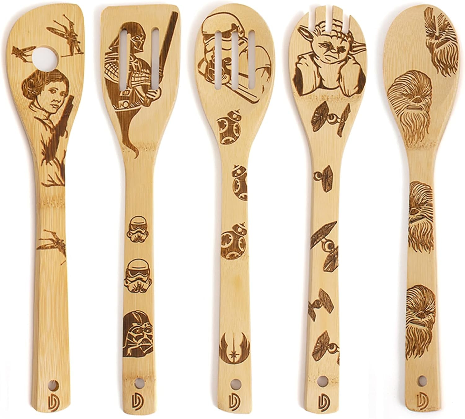 5 PCS Star War Burned Wooden Spoons Cooking Organic Spoons Turners Carved Spatulas Non-Stick for Cookware Kitchen Gadgets - Premium Quality Gifts for Housewarming and Wedding