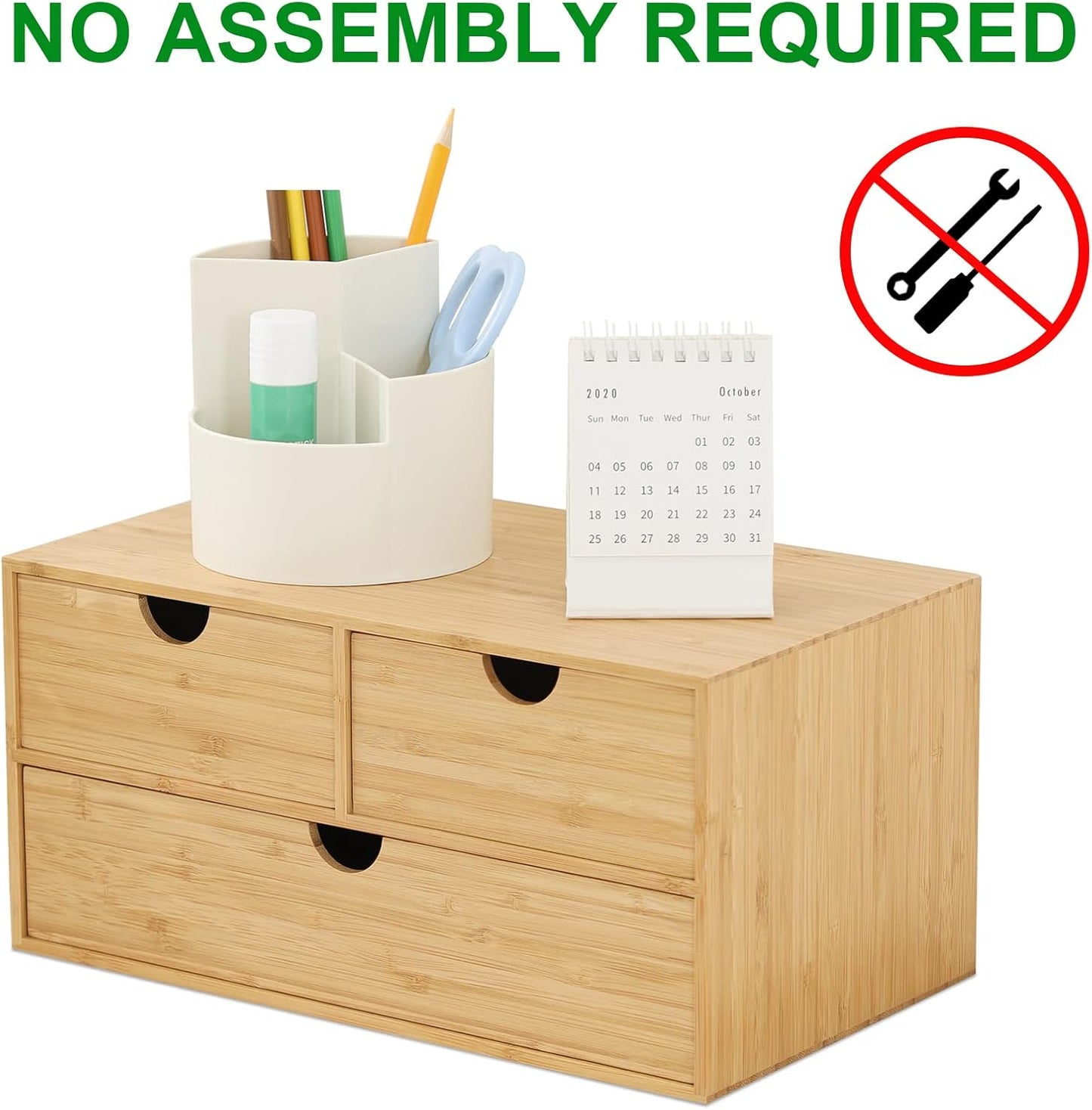 100% Original Bamboo Desk Organizer - Mini Bamboo Desk Drawer Tabletop Storage Organization Box for Office Home Toiletries Supplies, No Assembly Required (3 Drawer)