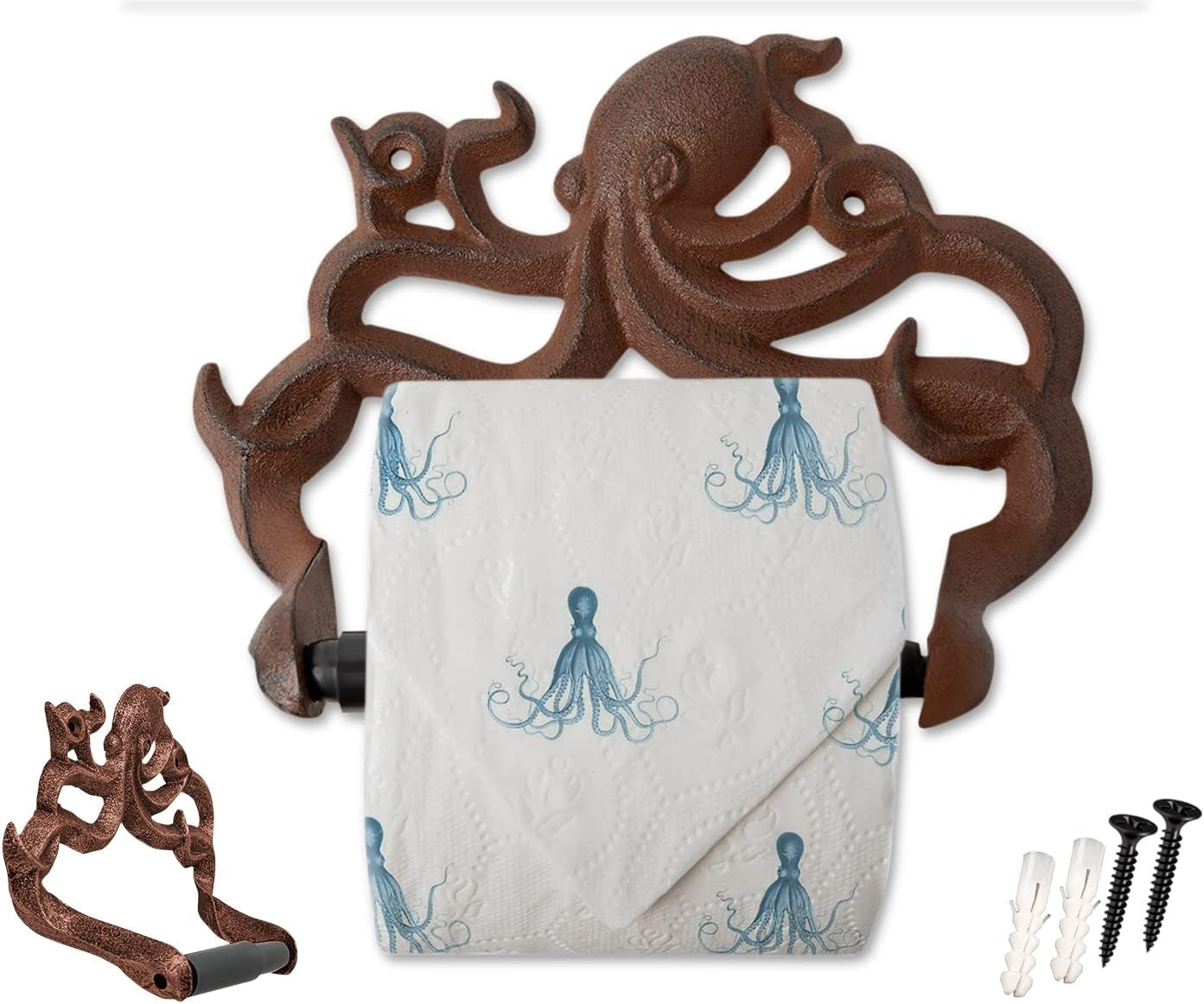 Decorative Cast Iron Octopus Toilet Paper Roll Holder – Wall Mounted Octopus Décor for Bathroom – Kraken, Nautical Bathroom Accessories – Easy to Install with Included Screws and Anchors - Rust Brown